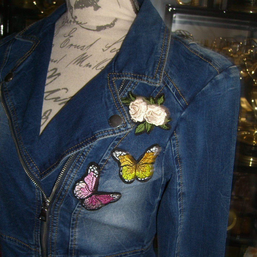 INC INTERNATIONAL CONCEPTS FLOWER BUTTERFLY APPLIQUE DENIM MOTO JACKET XS - Picture 6 of 7